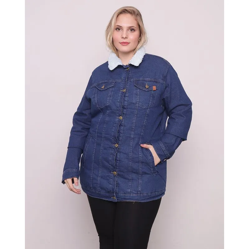 Jaqueta Feminina Jeans Plus Size Forro Sherpa Azul Médio G2