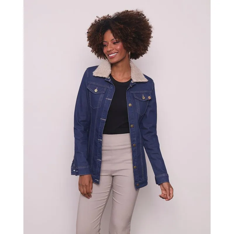 Jaqueta Jeans Feminina Capuz Sherpa Removível Azul G