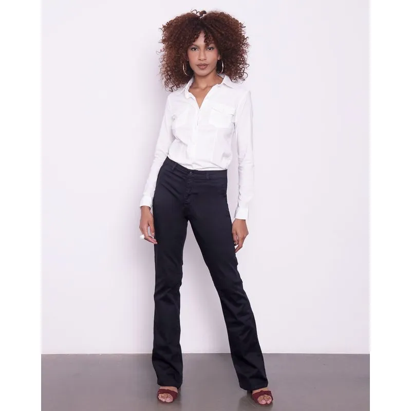Calça Feminina Flare Com Bolso Sarja Preta 46