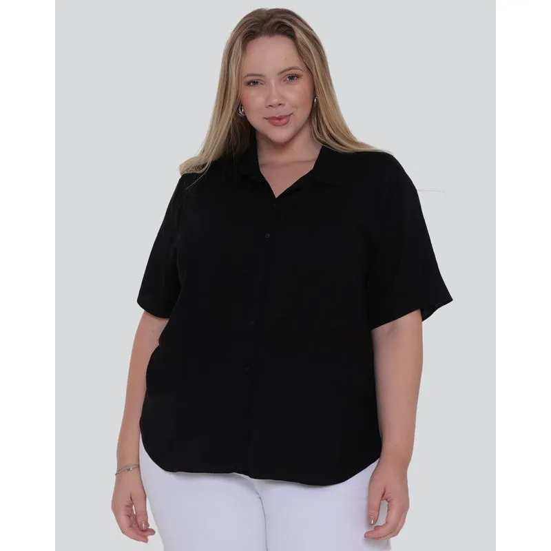 Camisa Feminina Plus Size Estampa Folhagem Preta G1