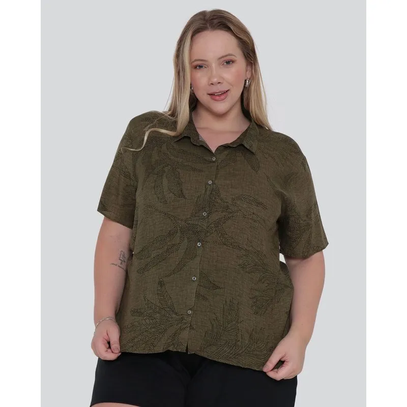 Camisa Feminina Plus Size Estampa Folhagem Verde G2