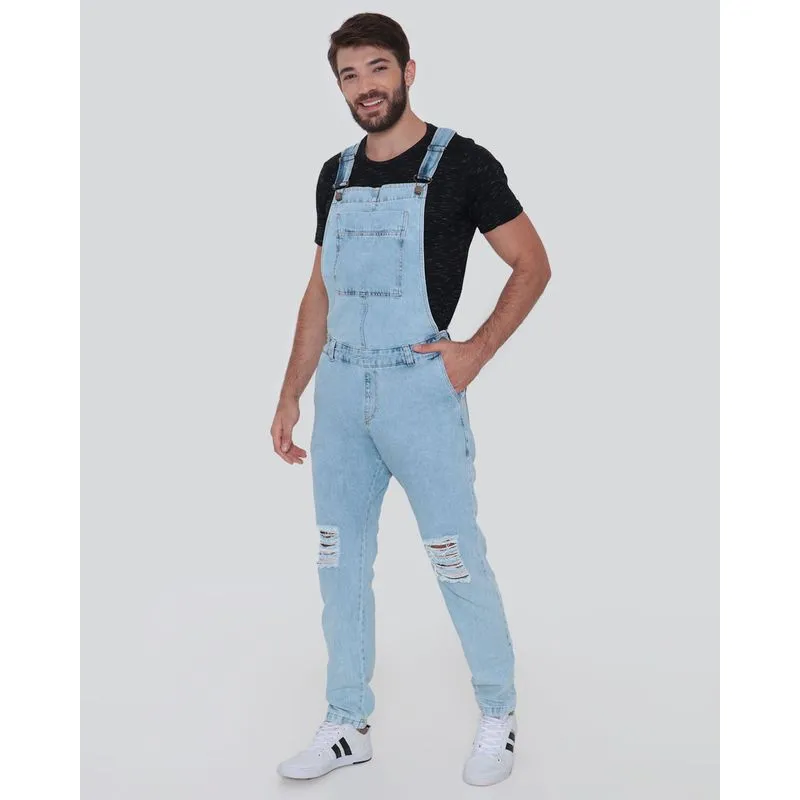 Jardineira Jeans Masculina Destroyed Azul Claro G