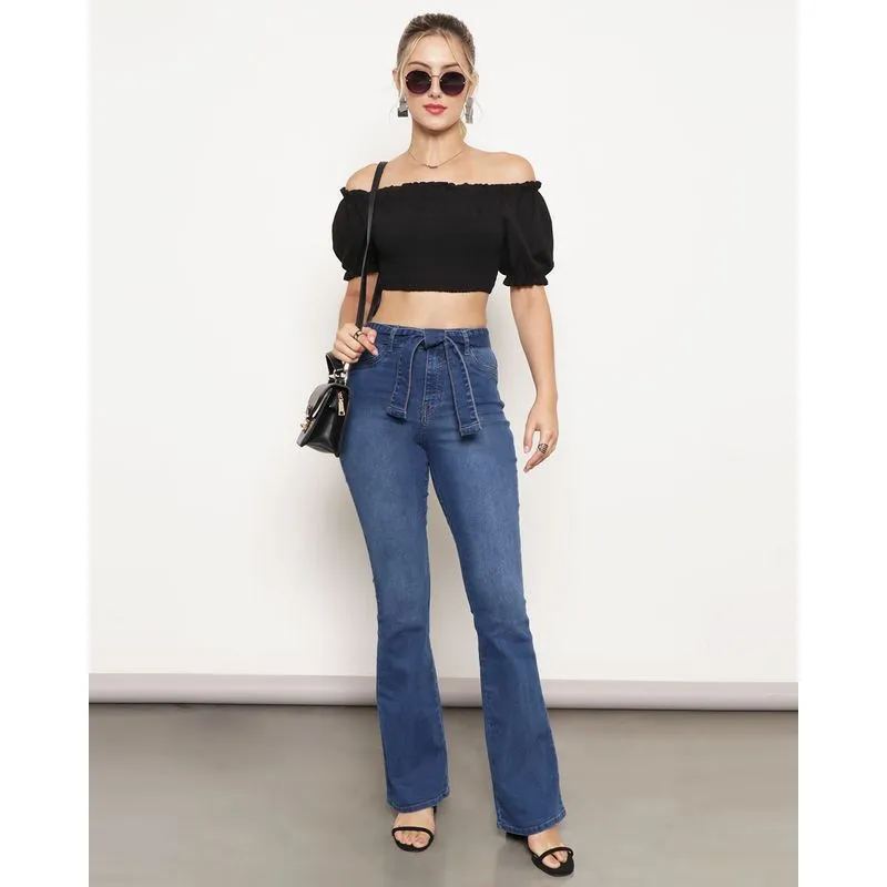 Calça Jeans Feminina Flare Cintura Alta Azul 44