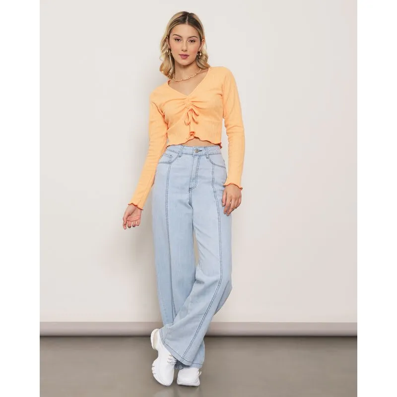 Calça Jeans Feminina Wide Leg Com Botões Azul Claro 46