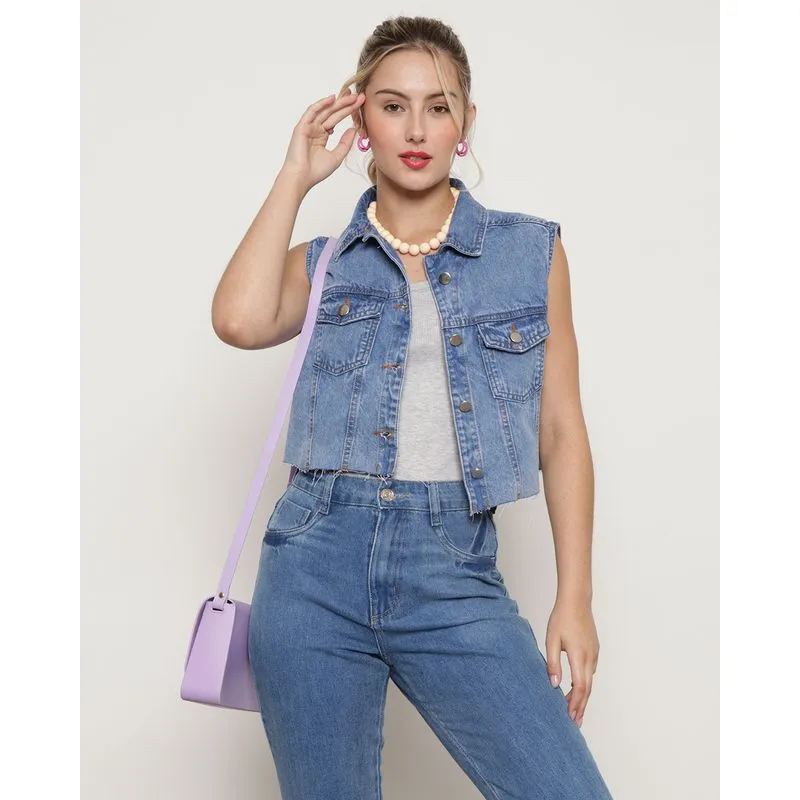 Colete Jeans Feminino Cropped Barra Desfiada Azul 36