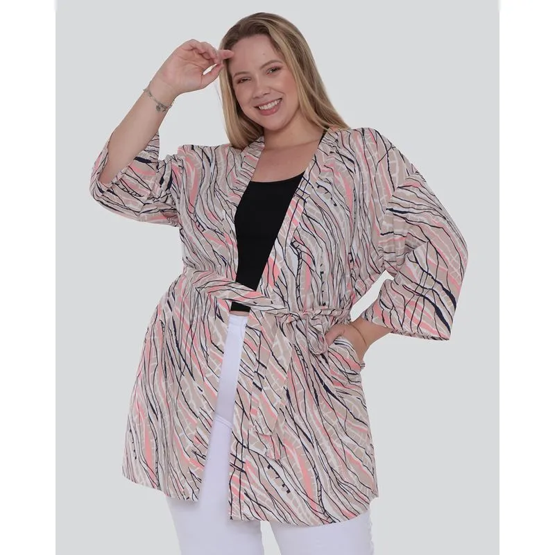 Kimono Plus Size Estampa Psicodélica Bege G3