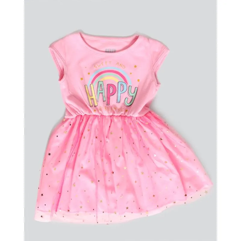 Vestido Bebê Tule Brinde Tiara Arco-íris Rosa 1