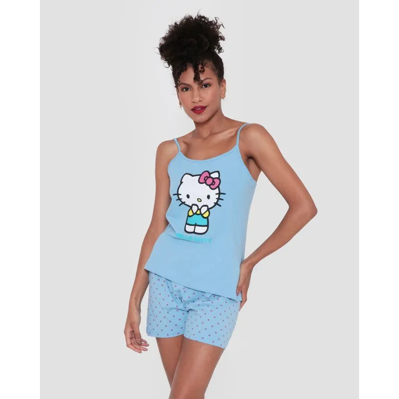 Pijama Feminino Alcinha Hello Kitty Poá Azul G