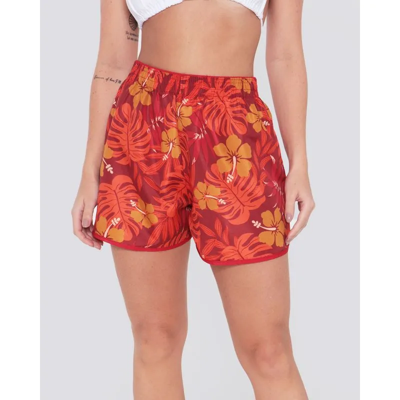 Short Feminino Praia Estampa Folhagem Vermelho P