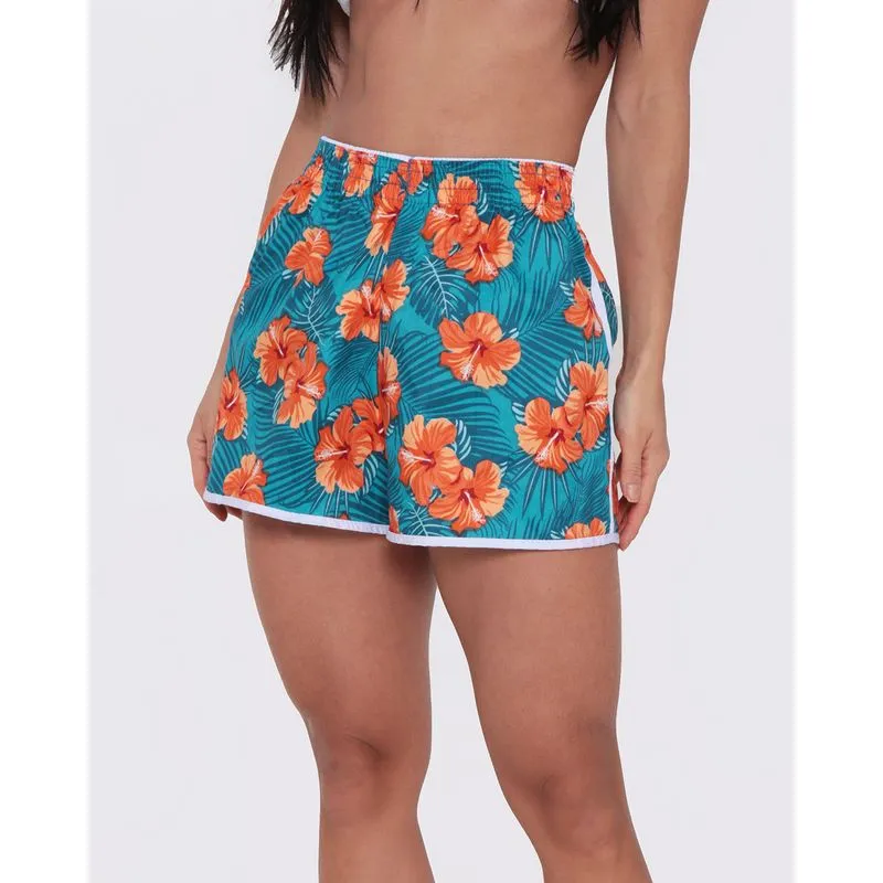 Short Feminino Praia Estampa Folhagem Azul Médio GG