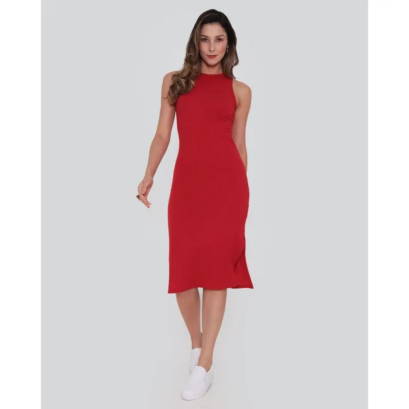 Vestido Feminino Midi Canelado Vermelho M