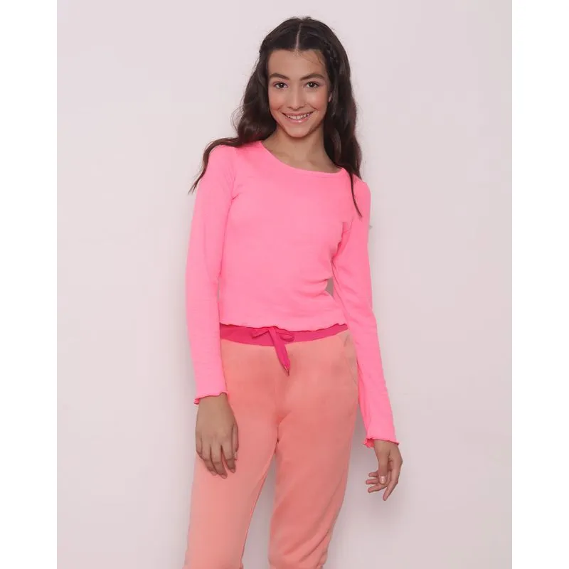 Blusa Juvenil Manga Longa Canelada Frufru Neon Rosa 12