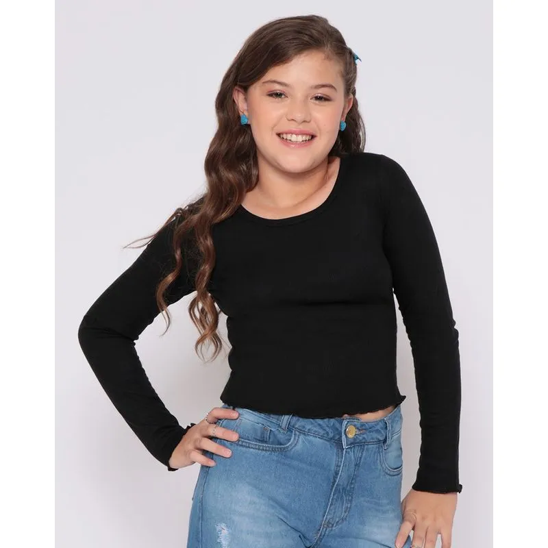 Blusa Juvenil Canelada Manga Longa Preta 10
