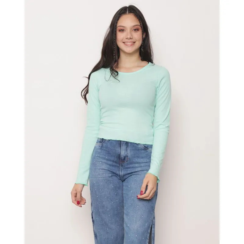 Blusa Juvenil Canelada Manga Longa Verde Claro 16