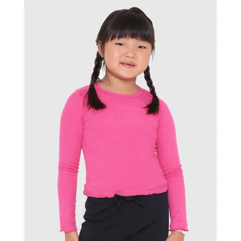 Blusa Infantil Manga Longa Canelada Frufru Rosa Escuro 4
