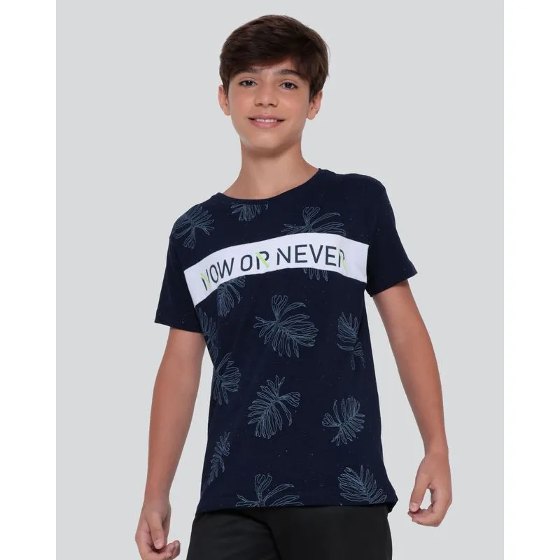 Camiseta Juvenil Botonê Estampa Folhagem Azul Marinho 10