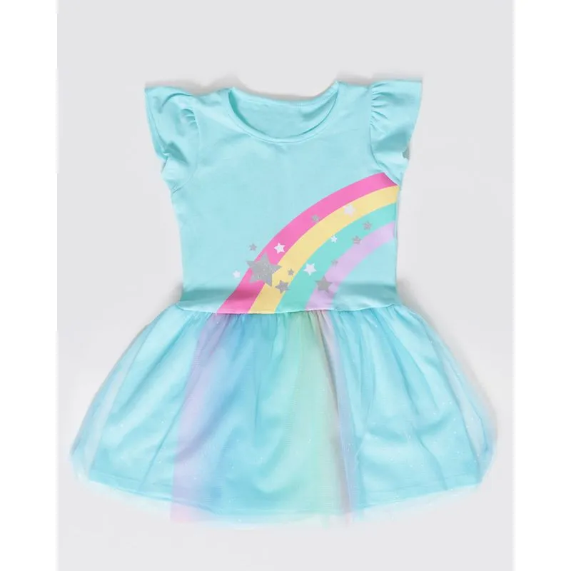 Vestido Bebê Tule Glitter Estampa Arco Iris Azul 2