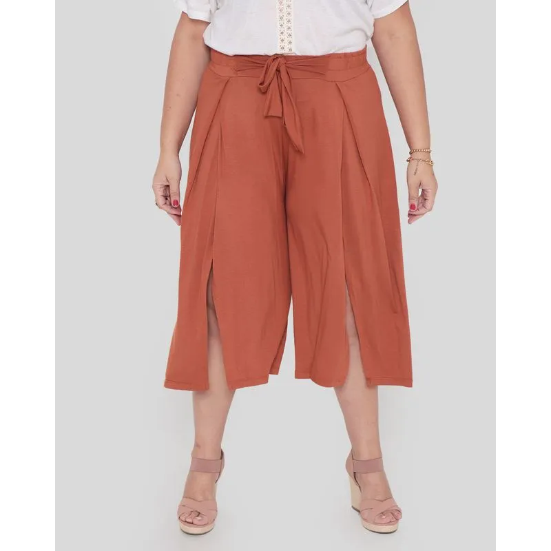 Calça Feminina Plus Size Pantacourt Fenda Terracota G2