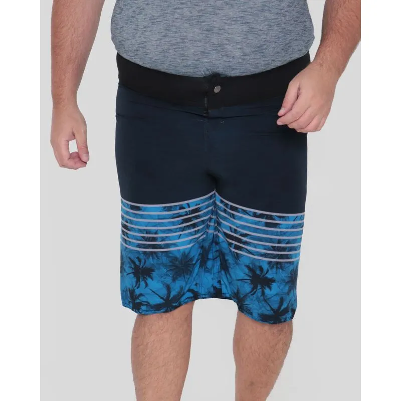 Bermuda Masculina Plus Size Surf Praia Estampa Listras Coqueiros Azul Marinho 56