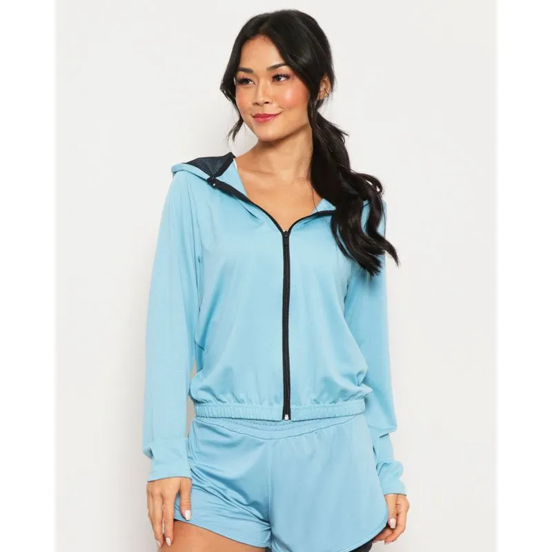 Jaqueta Feminina Fitness Capuz com Tela Fitter Azul Claro P