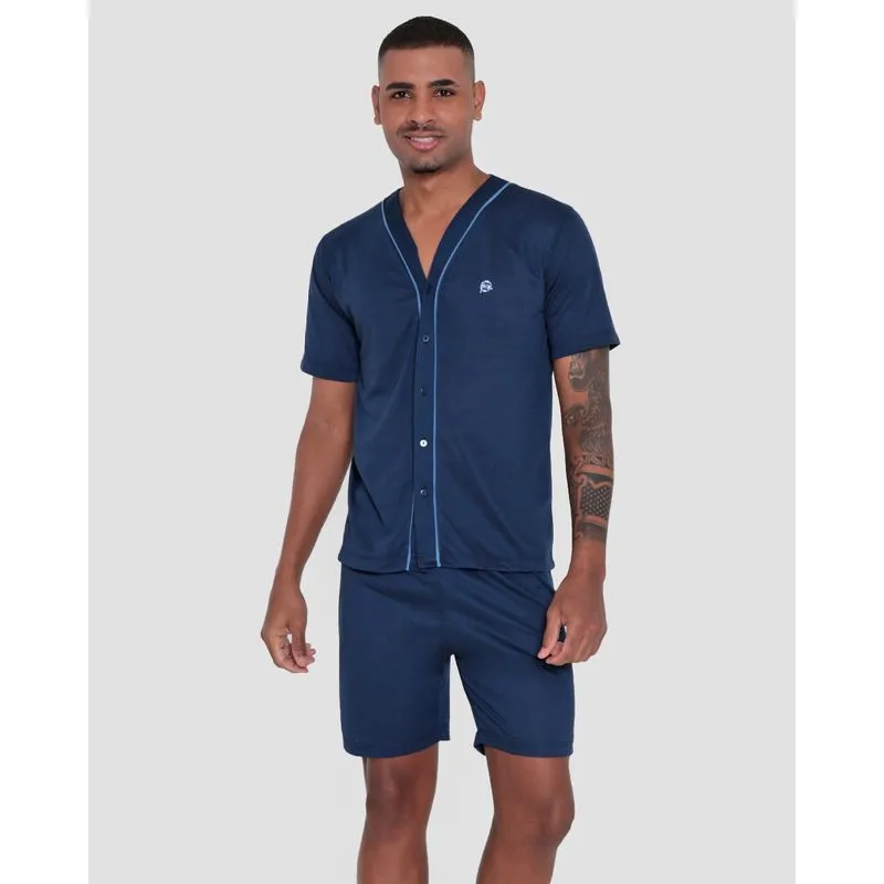 Pijama Masculino Abertura Por Botões Marinho M
