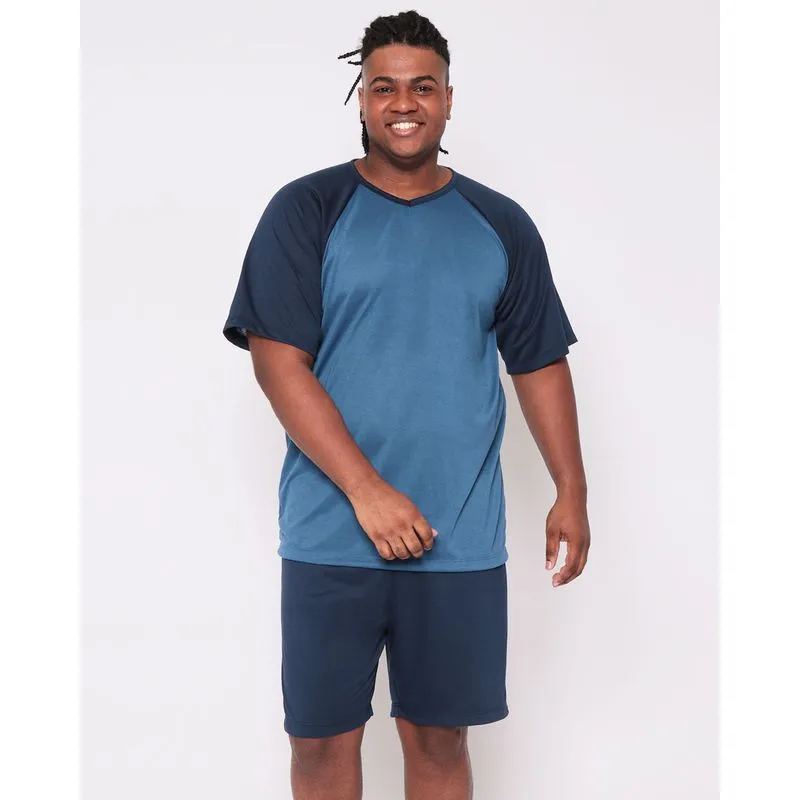 Pijama Masculino Plus Size Manga Raglan Azul G2