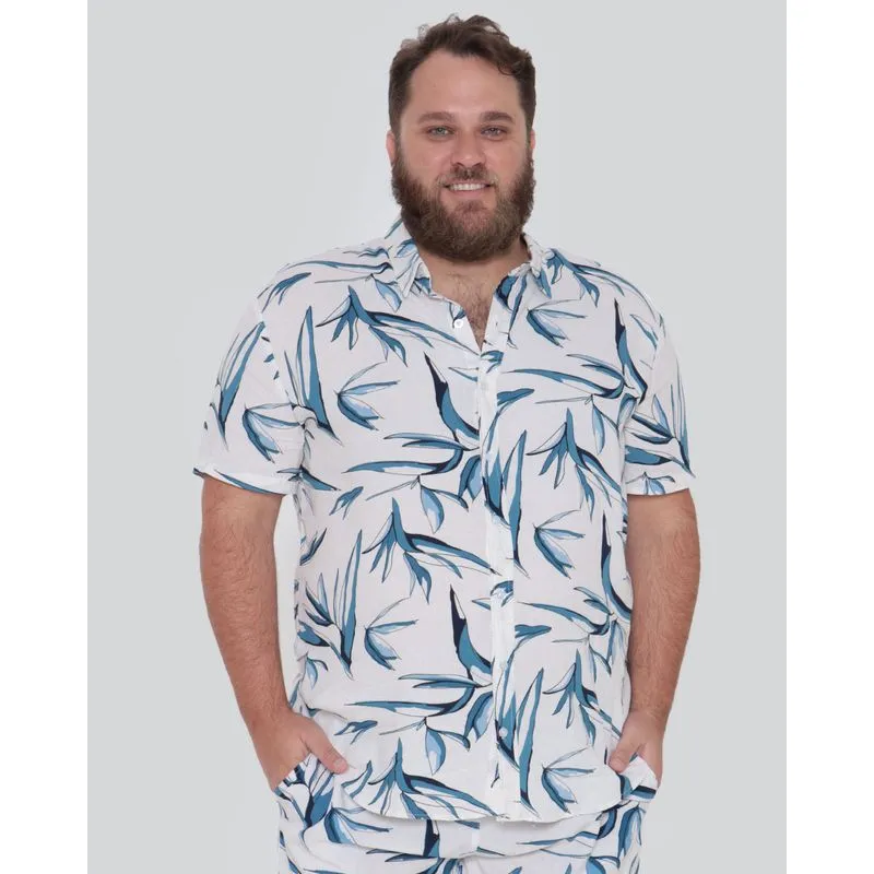 Camisa Masculina Plus Size Estampa Floral Off White G1