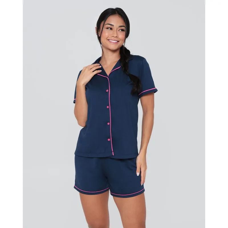 Pijama Feminino Americano Com Botões Curto Marinho P