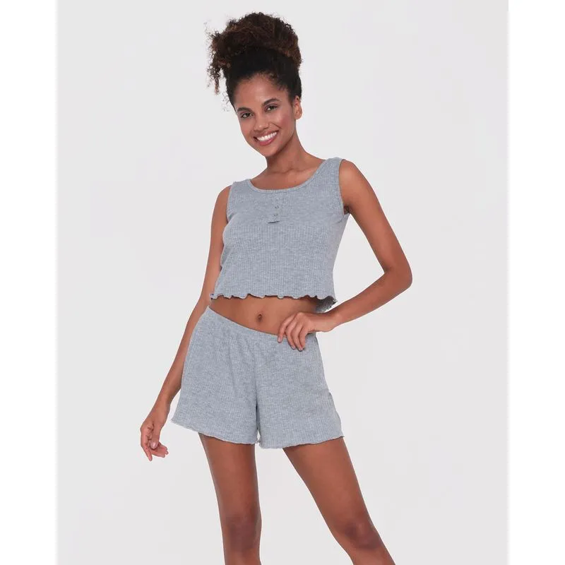 Pijama Curto Feminino Canelado Cinza G