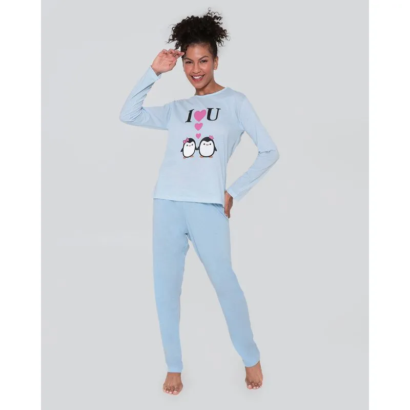 Pijama Feminino Longo Estampa Pinguim Azul M