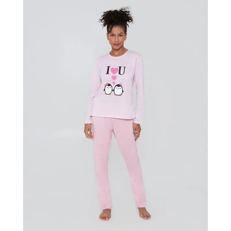 Pijama Feminino Longo Estampa Pinguim Rosa M