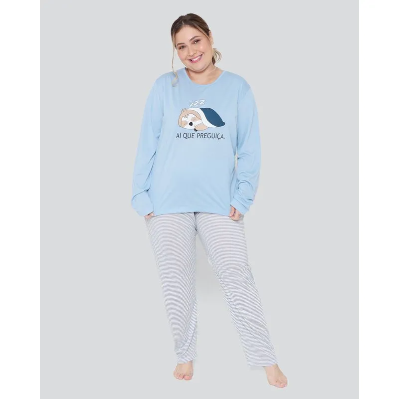 Pijama Feminino Plus Size Longo Listrado Azul 52