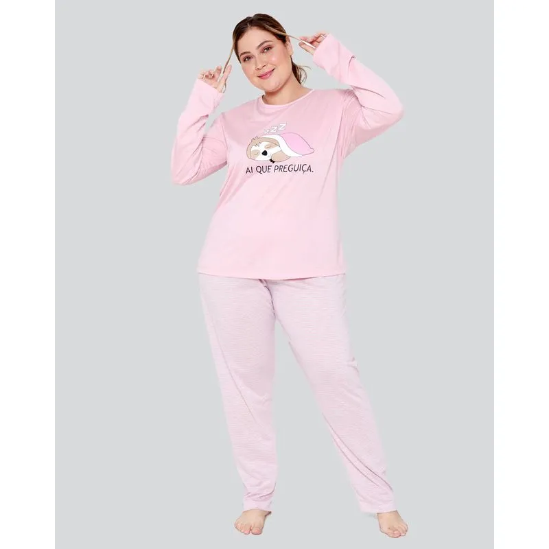 Pijama Feminino Plus Size Longo Listrado Rosa 52