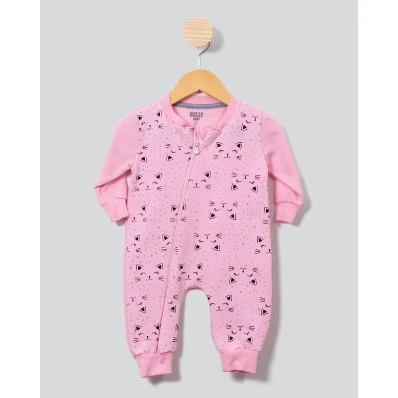 Macacão Bebê Moletom Zíper Estampa Gatinha Rosa M
