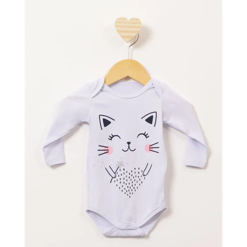 Body Bebê Estampa Gatinho Manga Longa Branca M