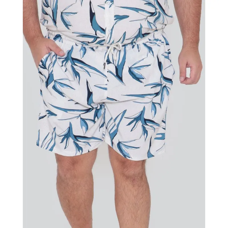 Bermuda Masculina Plus Size Estampa Folhas Off White G1