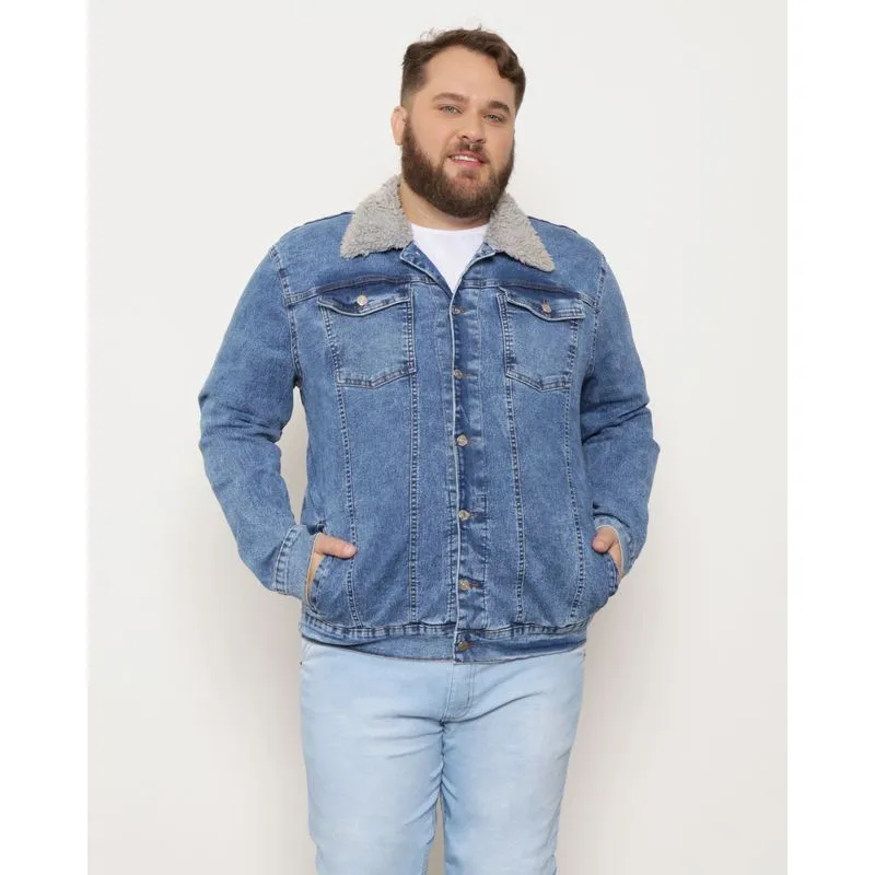 Jaqueta Jeans Plus Size Vizzy Masculina Sherpa Azul G1