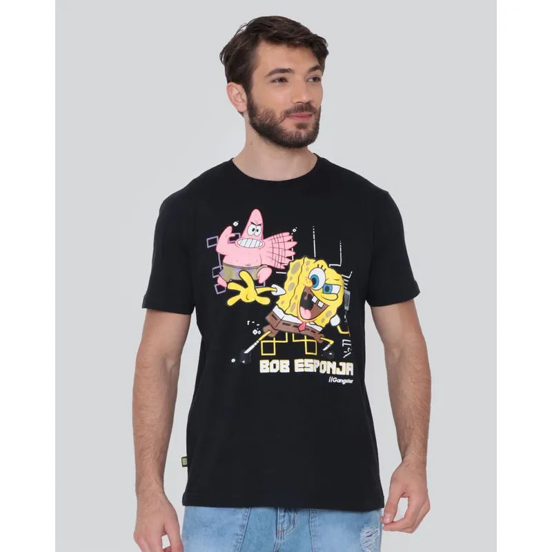 Camiseta Masculina Estampa Bob Esponja Gangster Preta P