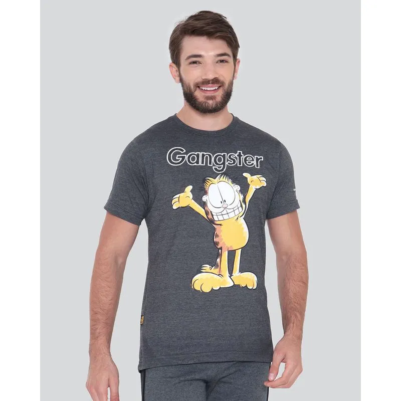 Camiseta Masculina Estampa Garfield Gangster Cinza Escuro GG