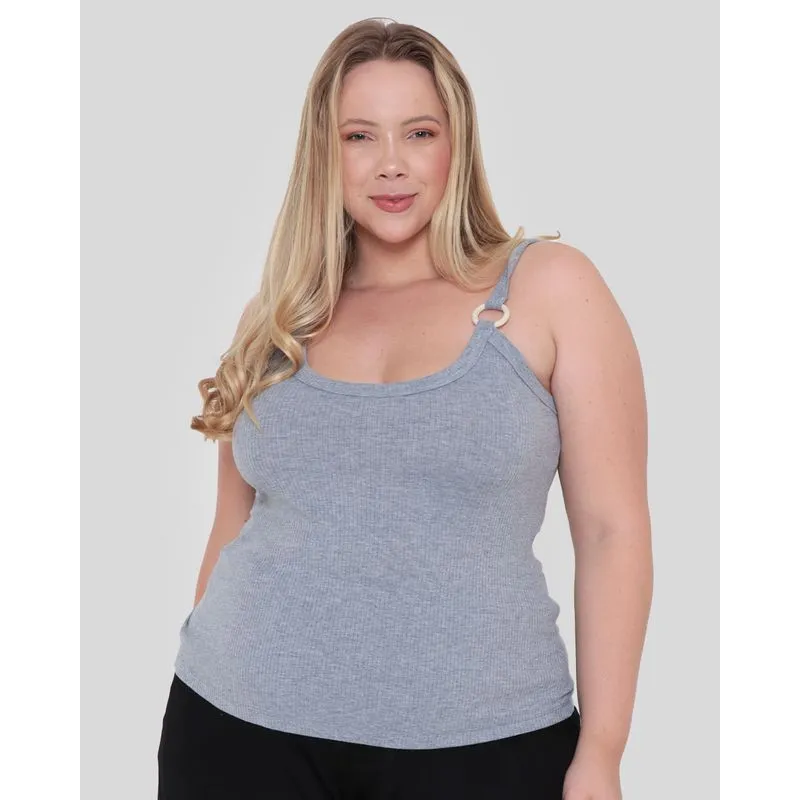 Blusa Plus Size Feminina Canelada Argola Cinza G2
