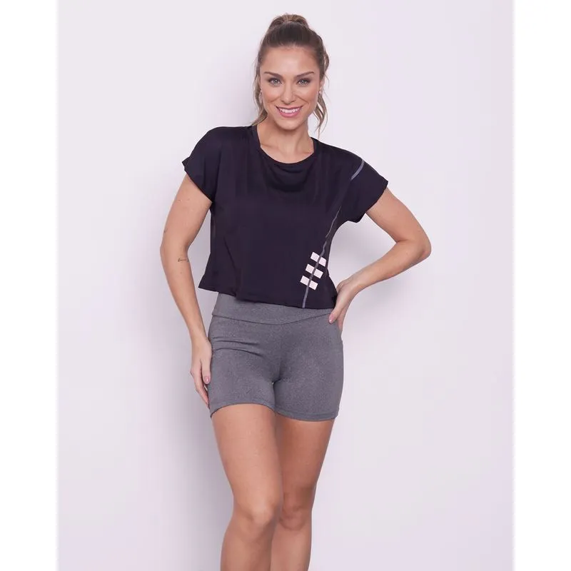 Blusa Cropped Feminina Fitness Manga Curta Preta M