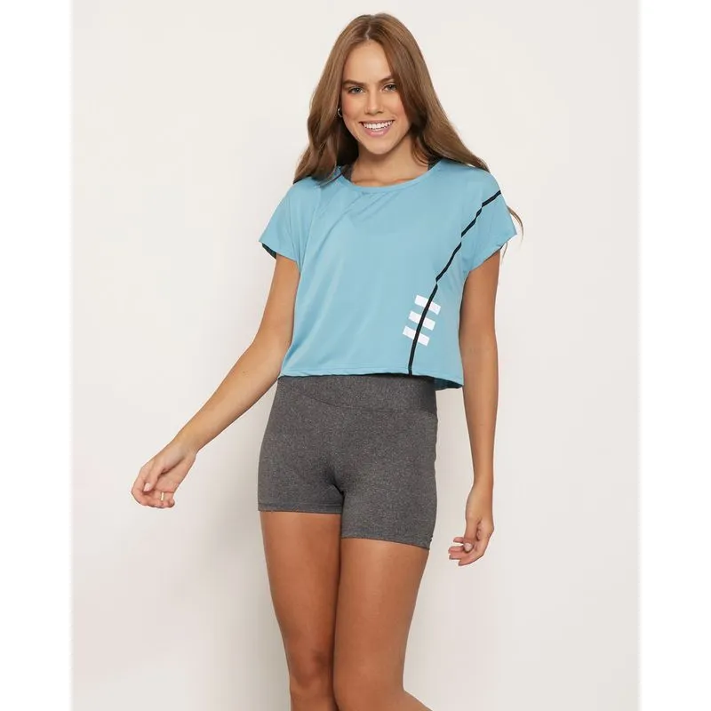 Blusa Cropped Feminina Fitness Manga Curta Azul P
