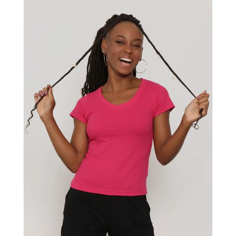Blusa Feminina Manga Curta Canelada Rosa GG