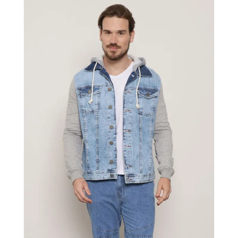 Jaqueta Jeans Masculina com Mangas e Capuz em Moletom Azul GG