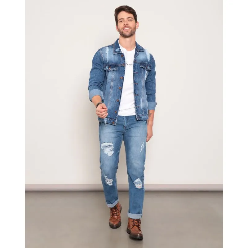 Calça Jeans Masculina Slim Destroyed Com Bolso Azul 44