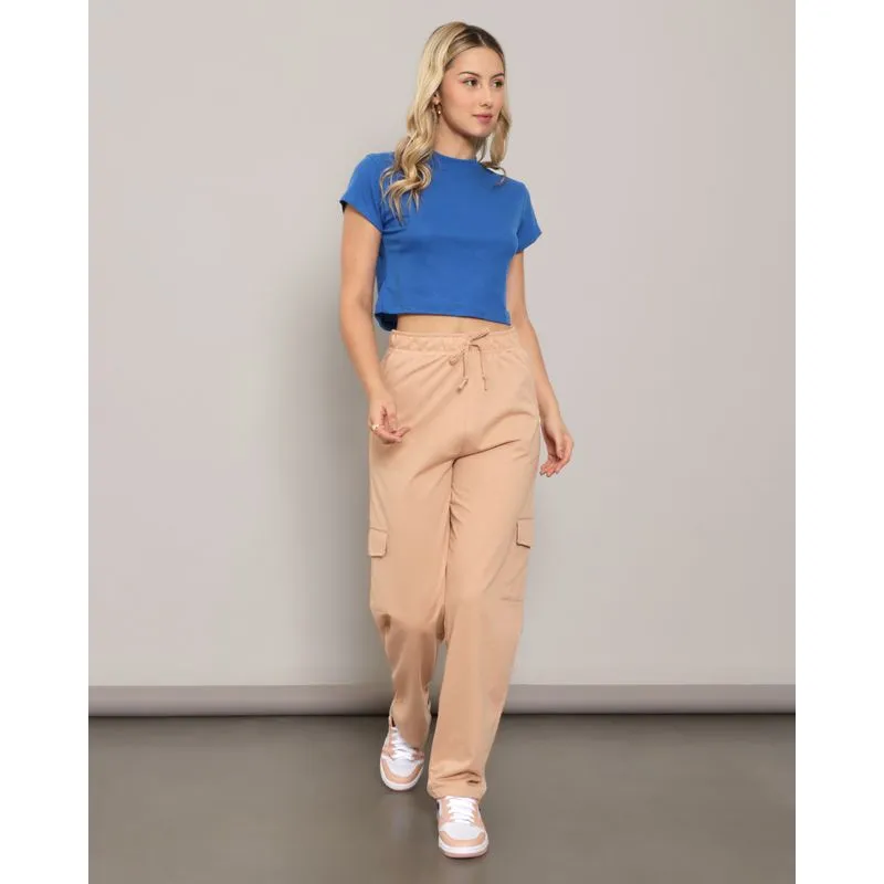 Calça Moletom Feminina Bolso Cargo Reta Bege G