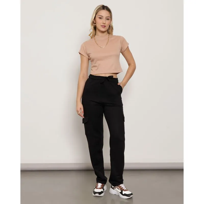 Calça Moletom Feminina Bolso Cargo Reta Preta GG