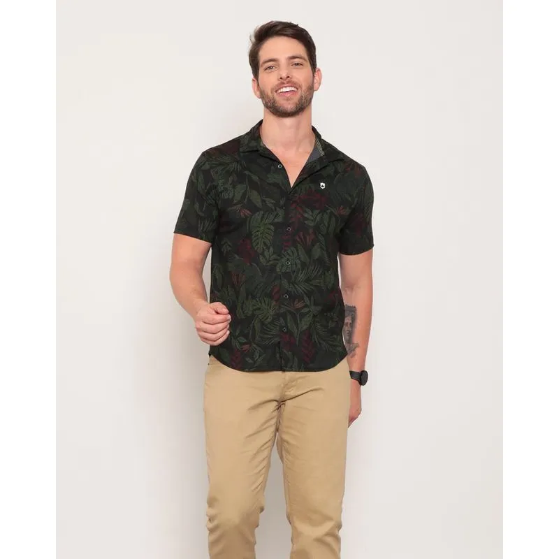 Camisa Masculina Estampa Floral Manga Curta Preta G