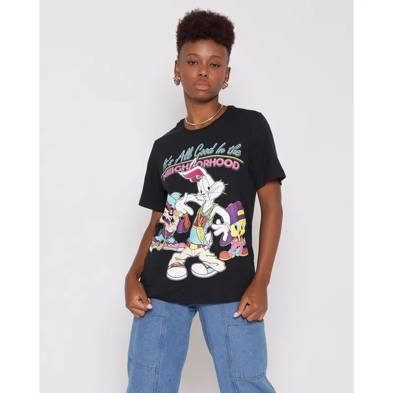 Camiseta Feminina Estampa Personagens Looney Tunes Preta G
