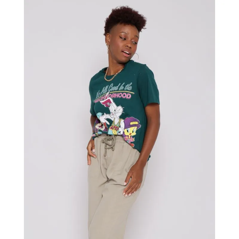 Camiseta Feminina Estampa Personagens Looney Tunes Verde M